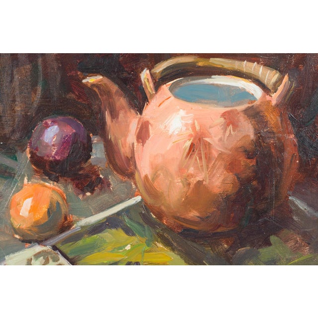 Plum Tea, ca. 2013 by Robert Spooner | Oil on panel Still life of a teapot and fruits For Sale