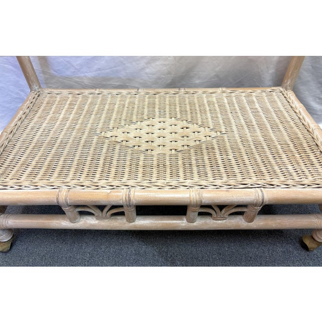 Vintage Palm Beach Chic Ficks Reed Style Rattan and Glass Rolling Bar Cart For Sale - Image 11 of 14