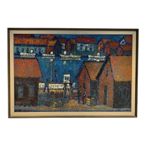 Vintage Erik Hafstrom Swedish Expressionist Oil Painting of Harbor Boatyard Scene