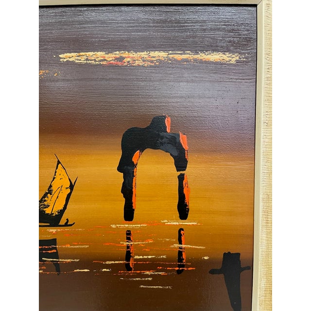 Wood 1970s Framed Modern Coastal Sailboat Landscape Painting Signed "Linda" - Abstract Seascape Wall Art For Sale - Image 7 of 10