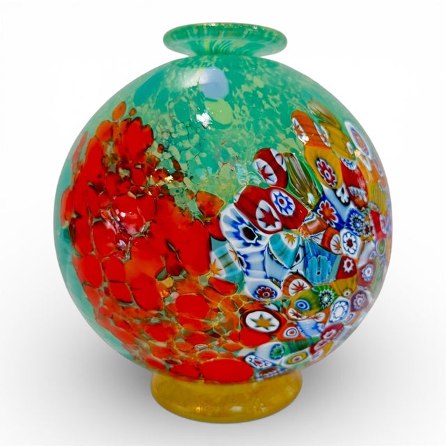 Italian 1980s Authentic Murano Art Glass Vase – Millefiori & Aventurine Gold Flecks – Aqua, Red & Multicolor For Sale - Image 3 of 3