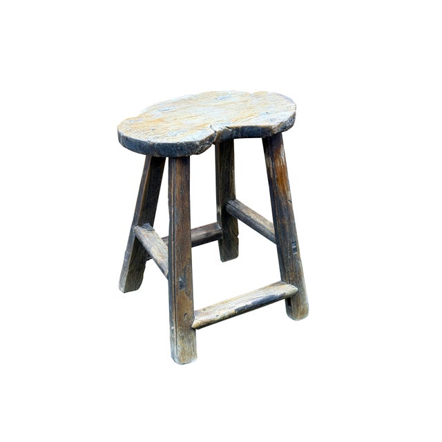 Vintage Rustic Unique Shape Four Legs Wood Stool Side Table For Sale - Image 12 of 16