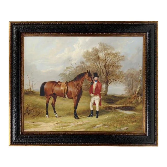 "Gentleman Standing Beside Saddled Hunter" Contemporary Reproduction Print on Canvas, Framed For Sale