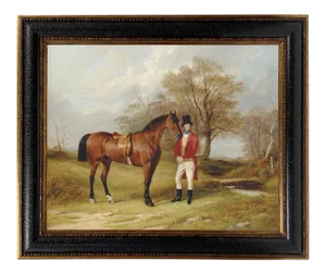 "Gentleman Standing Beside Saddled Hunter" Contemporary Reproduction Print on Canvas, Framed