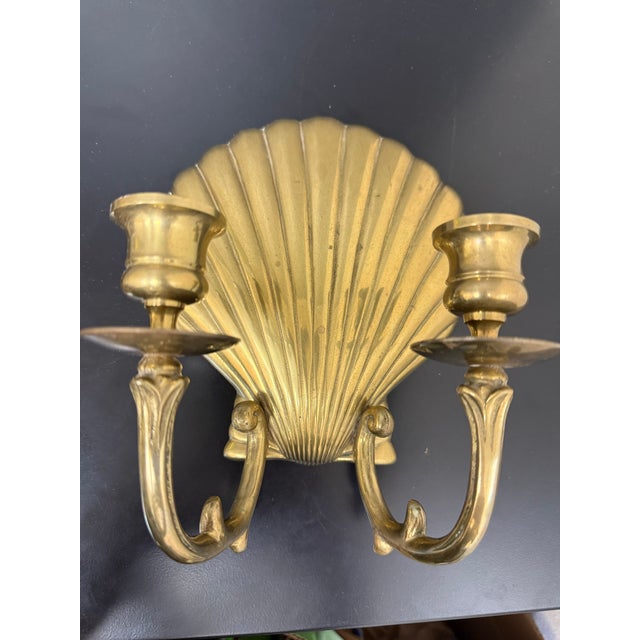 Mid 20th Century Mid-Century Hollywood Regency Brass Scallop Shell Double Candle Holder Wall Sconce For Sale - Image 5 of 12