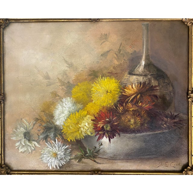 Wood Still Life Oil Painting of Flowers 20th Century, Signed j.e. Cook For Sale - Image 7 of 9