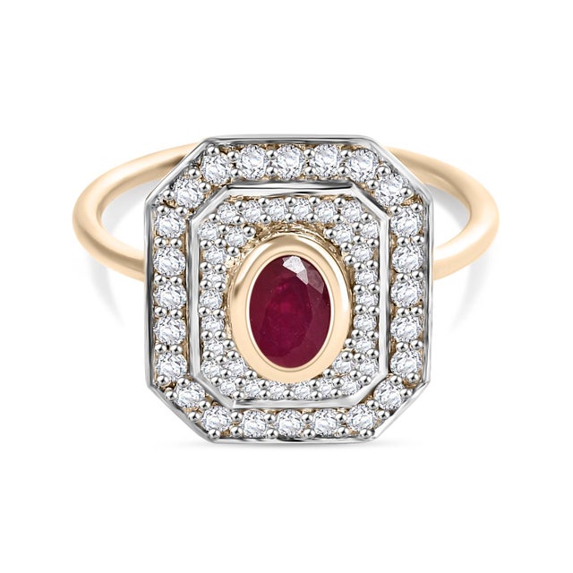Metal Art Deco Ruby Halo Diamond Ring in 14k Gold Size 5 For Sale - Image 7 of 12