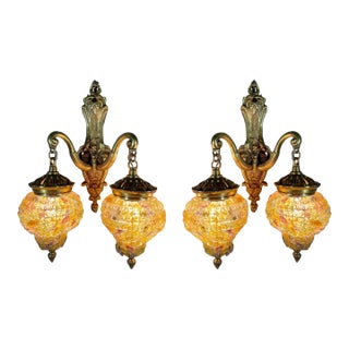 1940s Louis XVI Gilded Bronze WAll Lamps / Sconces Amber Crystal - Pair For Sale
