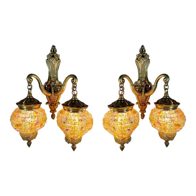 1940s Louis XVI Gilded Bronze WAll Lamps / Sconces Amber Crystal - Pair For Sale