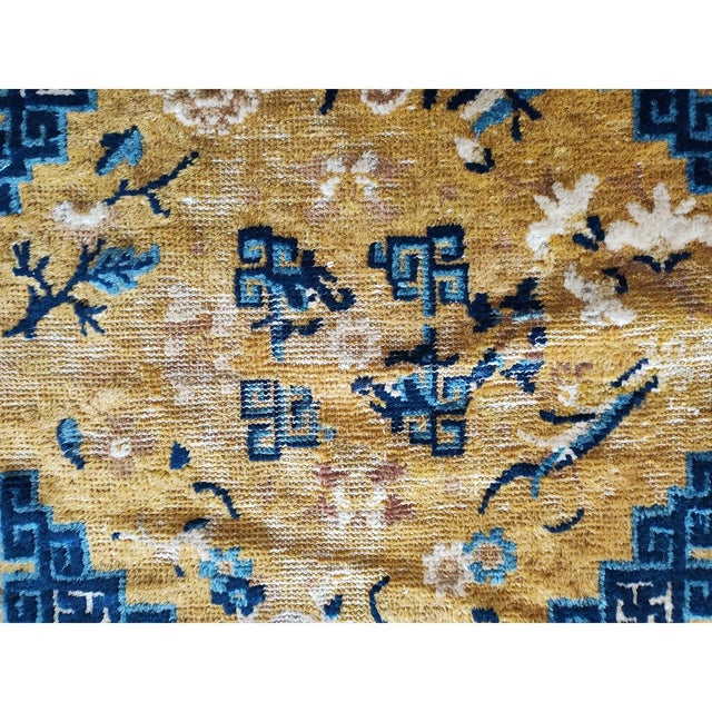 Antique Square Mid 19th Century Wool Pile Chinese Ningxia Yellow Scatter Rug For Sale In New York - Image 6 of 8