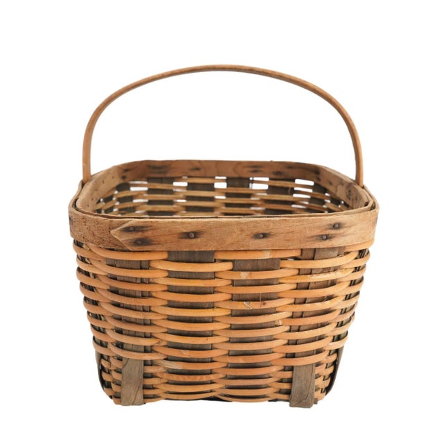 Wood Vintage Hand Woven Fixed Handle Basket, 1900's For Sale - Image 7 of 10