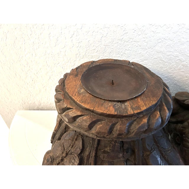 Wood Antique Salvaged Carved Wood Column Top Pillar Candleholders, a Pair For Sale - Image 7 of 8