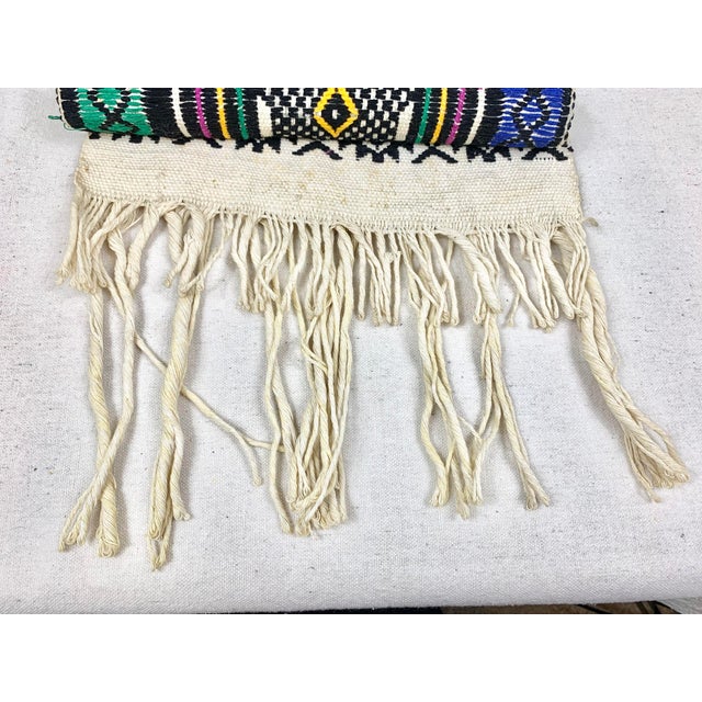 Colorful vintage embroidered table runner. Handmade folk art style. Geometric design in various colors. One sides fringe...