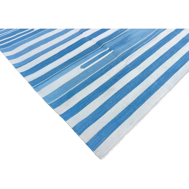 Not Yet Made - Made To Order Handmade Cotton Natural Vegetable Dyed Area Rug, Sky Blue and White Striped Dhurrie-10'x14' For Sale - Image 5 of 12