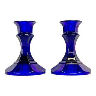1950s Vintage Art Deco Hollywood Regency Cobalt Candle Holders - A Pair. For Sale