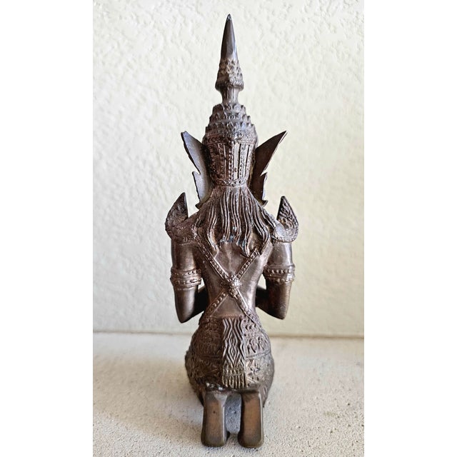 Metal Early 20th Century Thai Bronze Thepphanom Devata Statue – Kneeling Celestial Guardian, 9” For Sale - Image 7 of 12