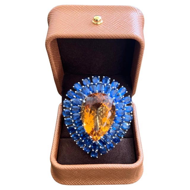 Bochic “Orient” Vintage Natural Kyanite and Citrine Ring Set In 18K White Gold & Silver Natural Pear Shape Orange Citrin...