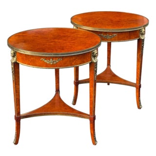 Pair of Mid 20th Century John Widdicomb Neoclassical Figured Burlwood Side Tables With Brass Galleries and Bronze Ram's Head Mounts For Sale