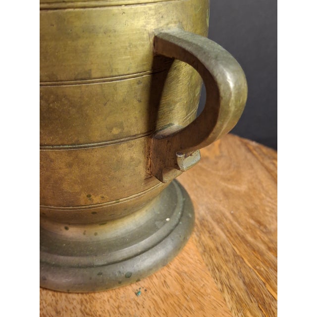 Brass 18th C Antique Solid Brass Mortar Pestle Set Heavy 15lb Judaica Apothecary For Sale - Image 8 of 17