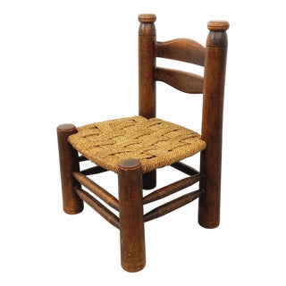 Vintage Brutalist Coffee Chair in Wood and Straw by Charles Dudouyt, 1960s For Sale