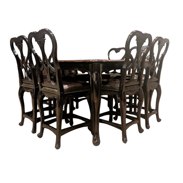 French Provincial Ambella Home Two-Tone Wood Counter-Height Dining Table and (8) High-Back Stools For Sale - Image 3 of 12