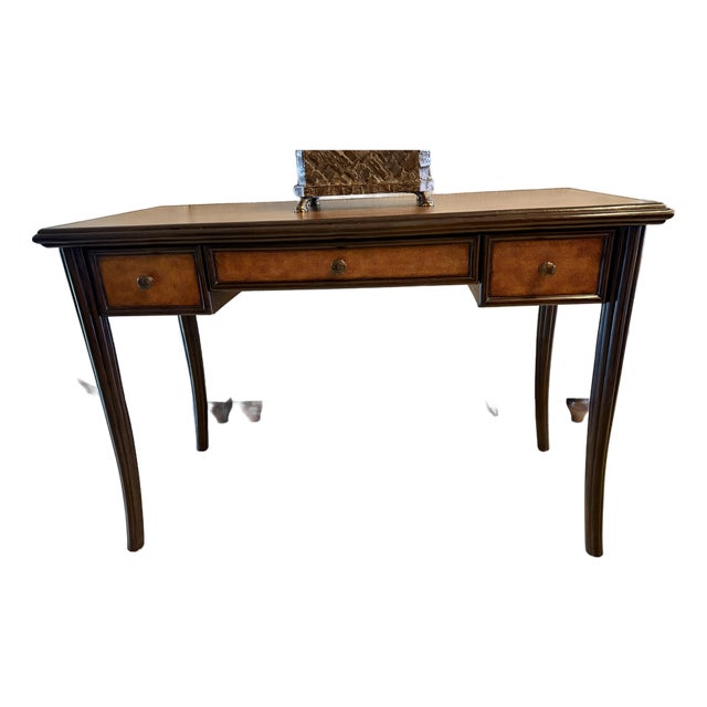 1990s Palecek India Designer Writing Desk - Dark Wood & Textured Leather For Sale