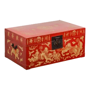Vintage Chinese Red Lacquer Blanket Chest with Bat, Guardian Lion, Cloud Motifs