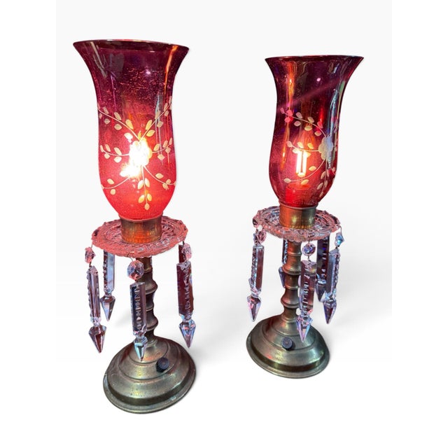 Victorian Vintage Hollywood Regency Red Glass & Crystal Prism Boudoir Lamps, Pair For Sale - Image 3 of 8