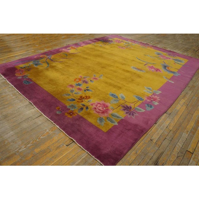 Art Deco 1920s Yellow Canary Floral Antique Chinese Art Deco Carpet 8' 10'' X 11' 4'' Knotted Wool Rug For Sale - Image 3 of 12