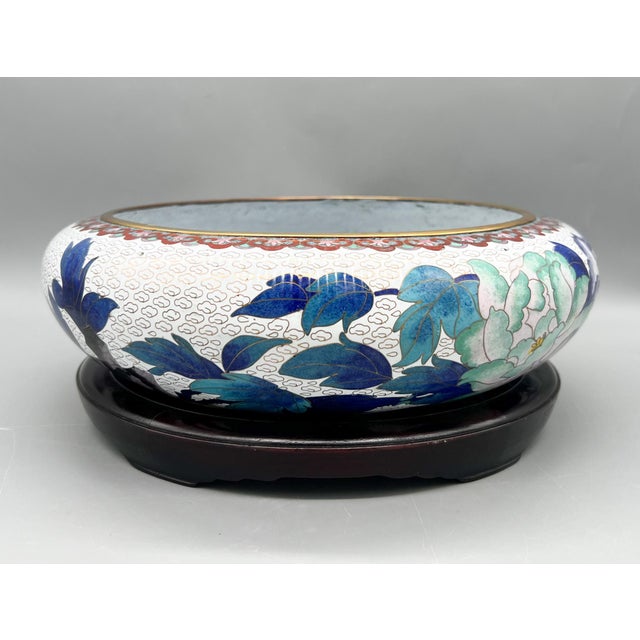 Large Cloisonné Floral Bowl With Peony Motif on Carved Wood Stand — Chinoiserie / Asian Traditional For Sale In Houston - Image 6 of 18