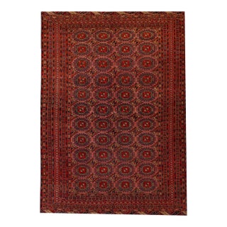 Vintage Turkmen Handmade Geometric Persian Wool Rug With Terracotta Color For Sale