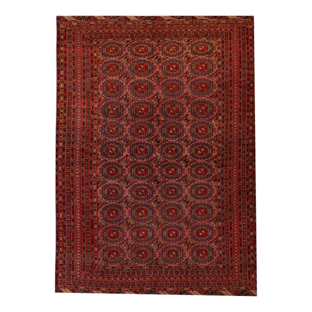 Vintage Turkmen Handmade Geometric Persian Wool Rug With Terracotta Color For Sale