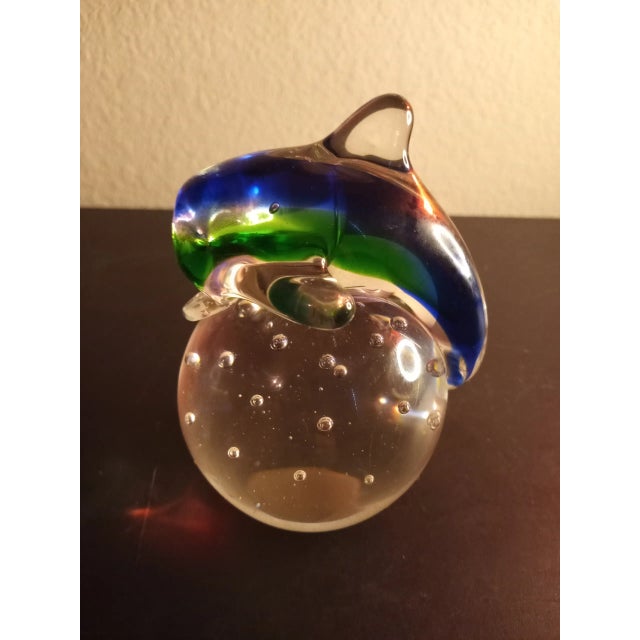 This is a Blue/Green 4" Art Glass Dolphin on Clear Bullicante 4" Paperweight Procured at auction