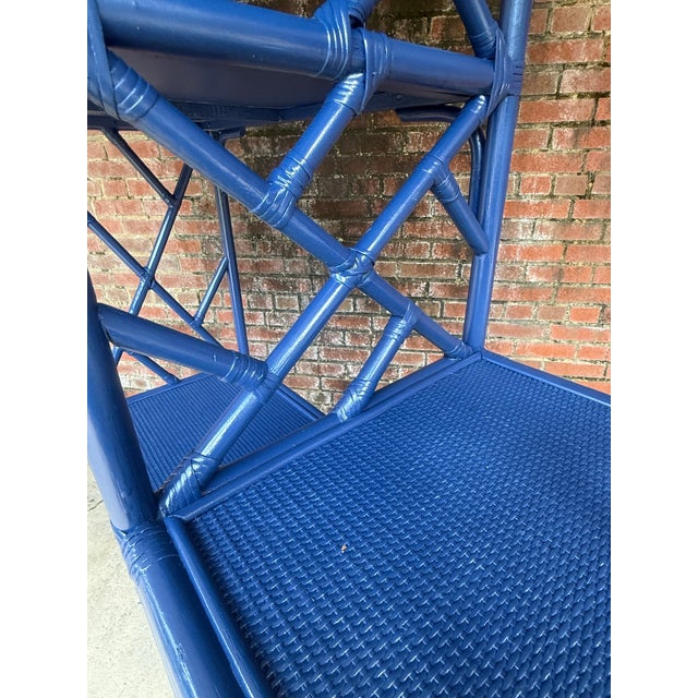 Vintage Chinoiserie Chippendale Style Blue Rattan Bookcase Etagere - Newly Painted For Sale - Image 11 of 11