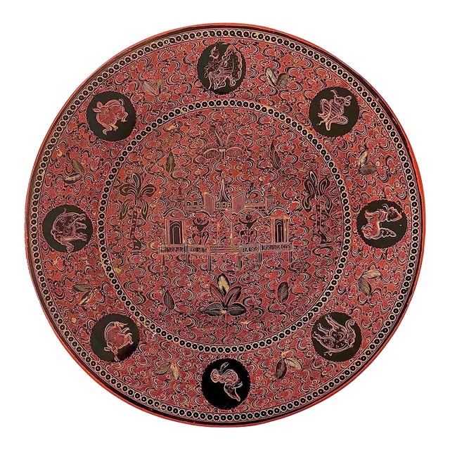 Late 19th Century Burmese Yun Lacquer Plate With Eight Astrological Animals For Sale
