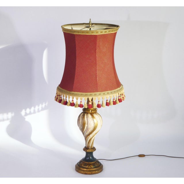 Large Vintage Florentine Wooden Table Lamp with Red Fabric Shade, 1960s For Sale - Image 11 of 11