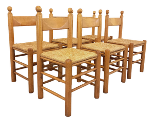 Vintage Brutalist Chairs in Oak and Straw, 1960s, Set of 6