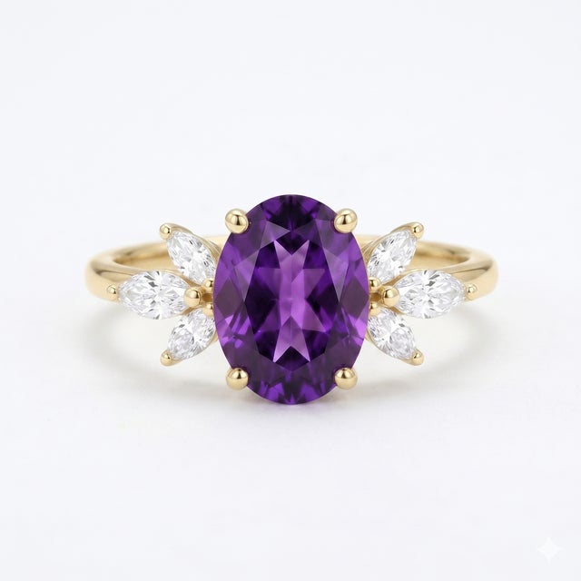 Contemporary Unique Amethyst Cluster Engagement Ring - Bridal Wedding Ring - Us 7 (All Sizes Available) For Sale - Image 3 of 4