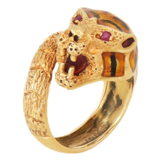 Estate Ruby Enamel 18k Yellow Gold Tiger Bypass Ring Size 5 For Sale