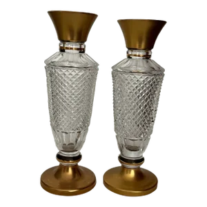 Mid-Century Bohemian Diamond Cut Crystal Gilt Decorated Vases - a Pair