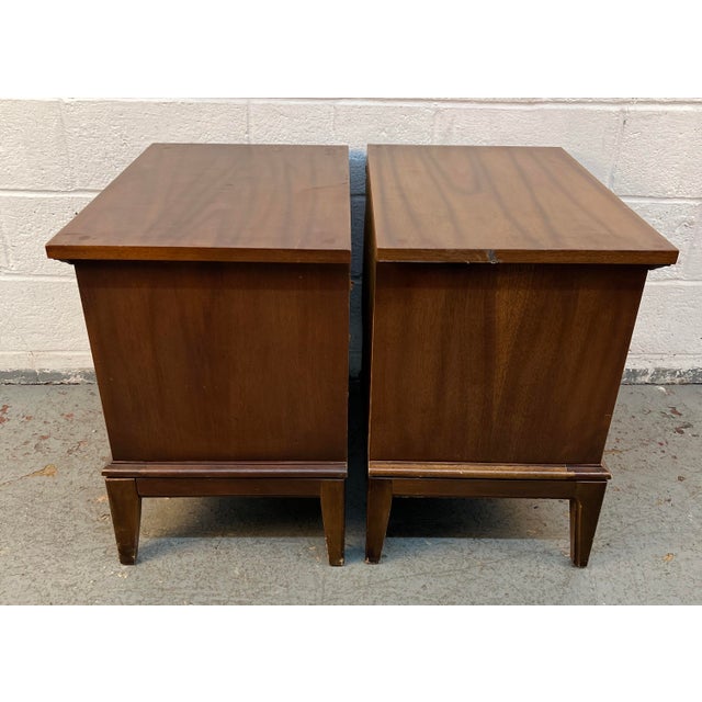Brown Pair of Vintage Dixie Furniture Walnut MCM Tuscan Style Nightstands For Sale - Image 8 of 17