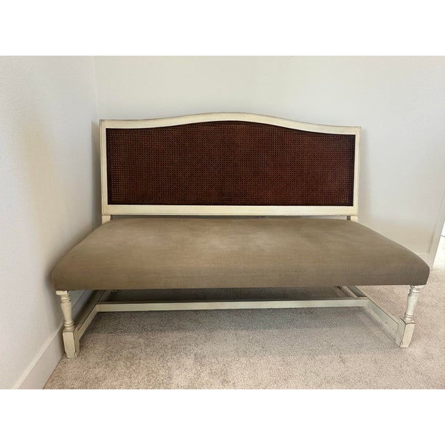 Wood Drexel Double Canned Back Solid Wood Camel Back Settee With Chalk White Custom Distressed Finished and Light Sage Linen Fabric For Sale - Image 7 of 10