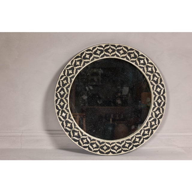 Early 21st Century Bone Inlay Black and White Round Mirror with Floral Motifs For Sale - Image 5 of 12