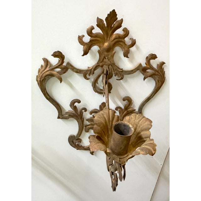 Large Pair Venetian Gilt & Polychromed Tole Candle Sconces Italy, circa 1890s For Sale - Image 12 of 18