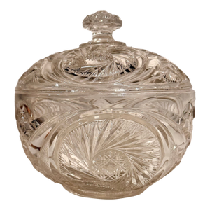 Vintage Large Heavy Clear Pressed Glass Pinwheel Star Pattern Lidded Bowl Cookie Jar