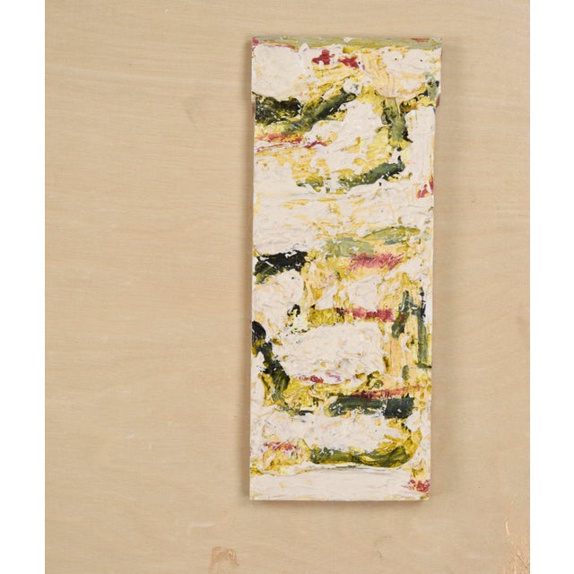 Abstract expressionist oil painting with assembled objects by Bay Area artist Michael Pauker (American, b. 1957). Splashes...