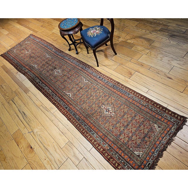 Antique Persian Serab Camel Hair Runner Rug, Hand-Knotted Wool, Geometric Pattern, Red & Green, 3x13 For Sale - Image 4 of 17