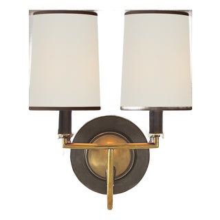 Thomas O'Brien for Visual Comfort Signature Elkins Double Sconce in Bronze and Hand-Rubbed Antique Brass with Linen Shades with Black Trim For Sale