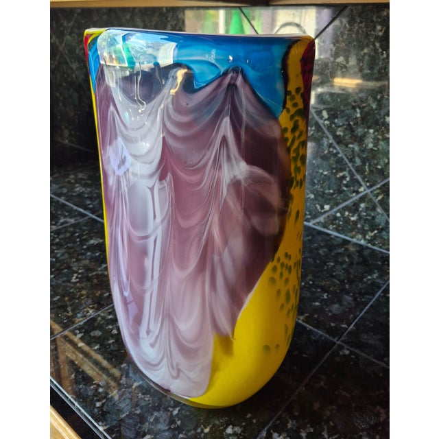 Glass Contemporary Hand-Blown Murano Style Post Modern Art Glass Flattened Pillow Vase – Yellow, Plum & Cobalt Blue (Jg) For Sale - Image 7 of 10