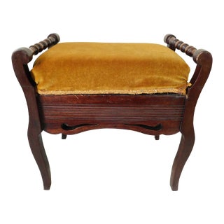 Vintage Mid Century Mahogany Turned Wood Velvet Upholstered Music/Vanity Bench For Sale
